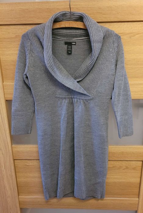Tunika sukienka H&M XS 34 szara ciepła dzianina kołnierz