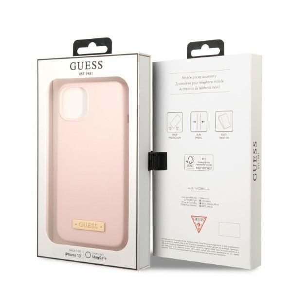 Etui Guess Silicone Logo Plate MagSafe do iPhone 13 mini Różowy