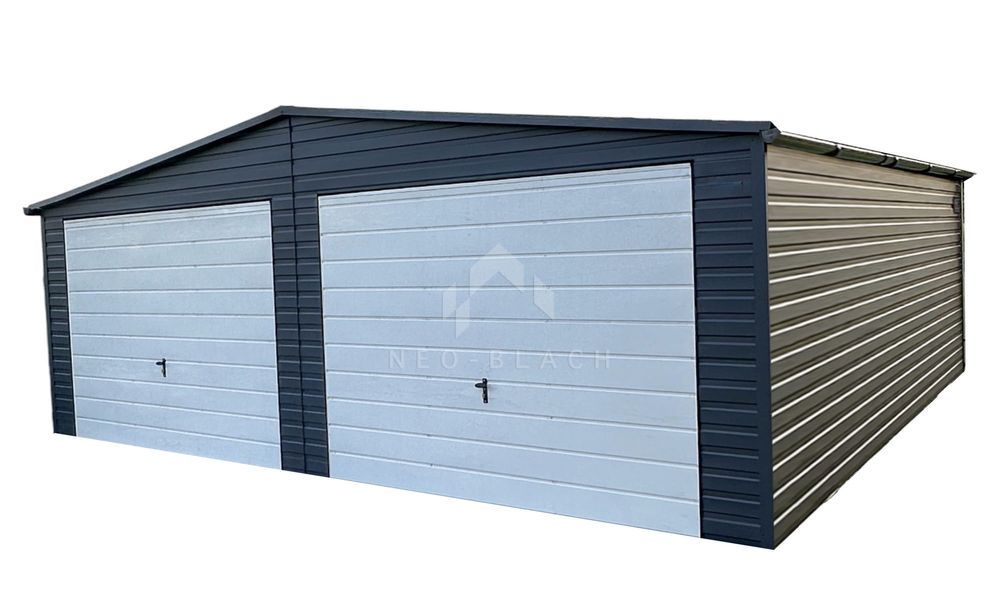 Garaż Blaszany 7,5X6M 2X Brama Drzwi Biały Rynny Dwuspadowy Nb139