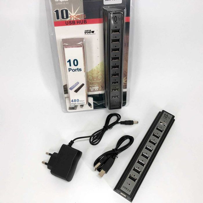 Розгалужувач USB HUB  10 портів з активною зарядкою 220V,Розгалужувач
