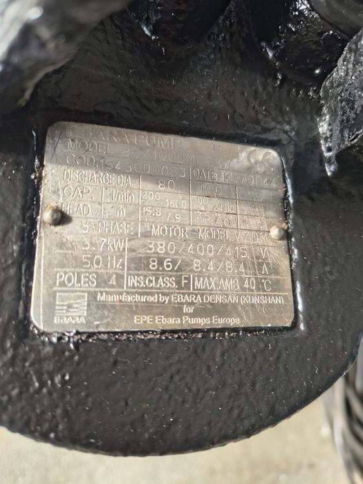 Duża pompa zatapialna EBARA 80DML 3,7kW 400V do ścieków,  wody brudnej