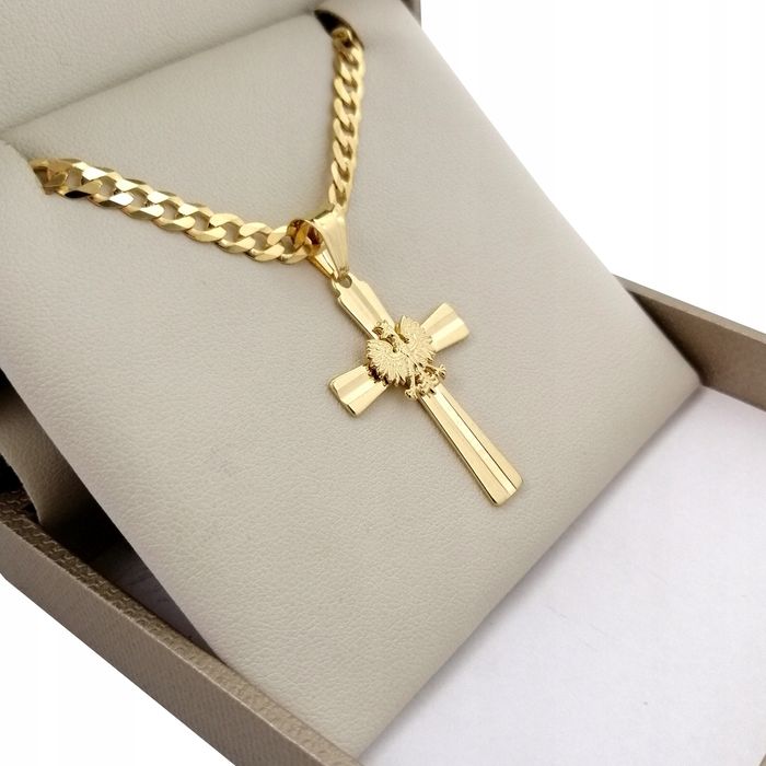 Złoty Łańcuszek Pancerka 4,5 Mm + Krzyżyk Z Orłem Patriortyczny 925/58