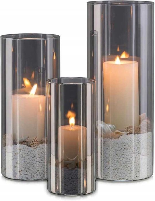 Świecznik Szklany Cylinder w Pięknym Ciemnoszarym Kolorze Zestaw 3 Szt
