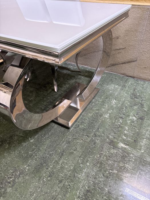 Mesa inox com tampo em vidro branco