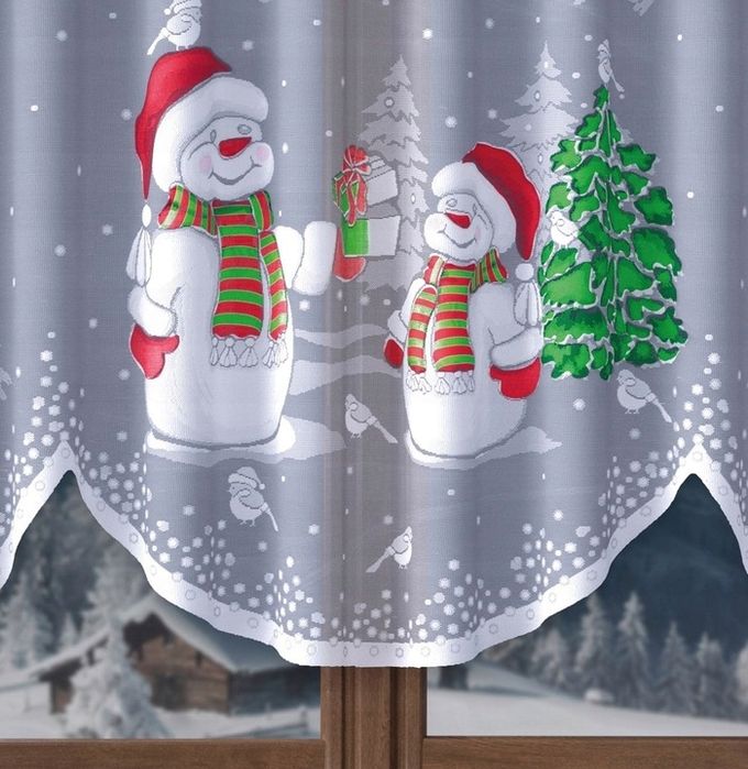 Świąteczna firana żakardowa Bałwanki ręcznie malowana 160x300