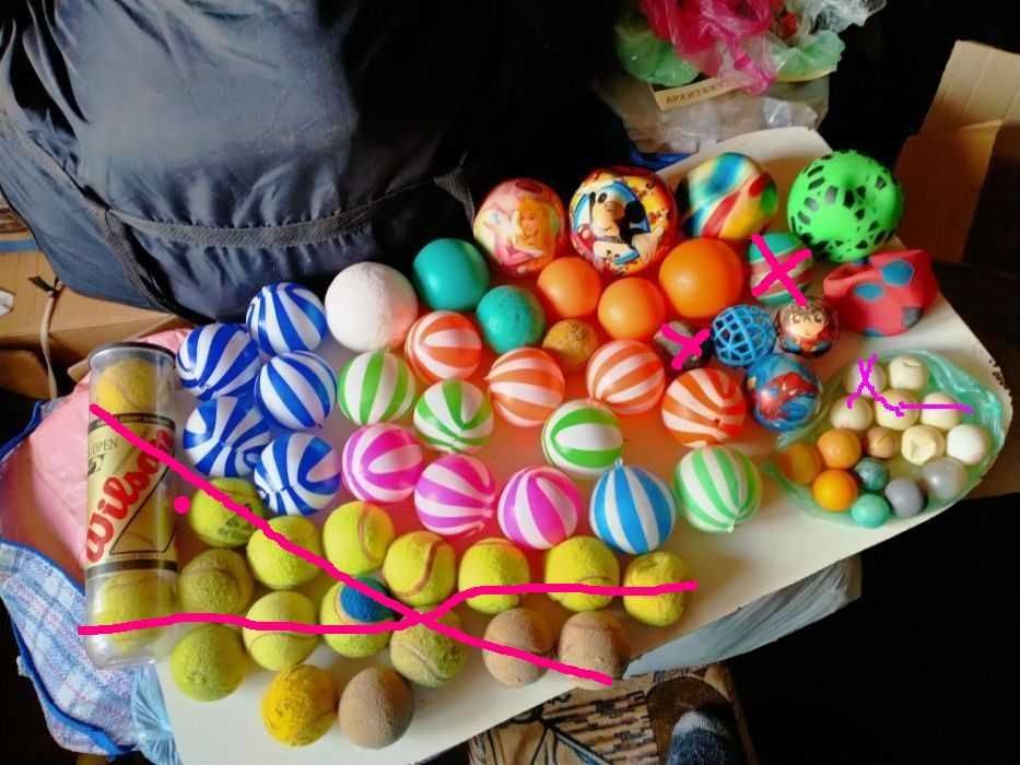 Мячи теннисные, пластмассовые, резиновые, металлические и стеклянные