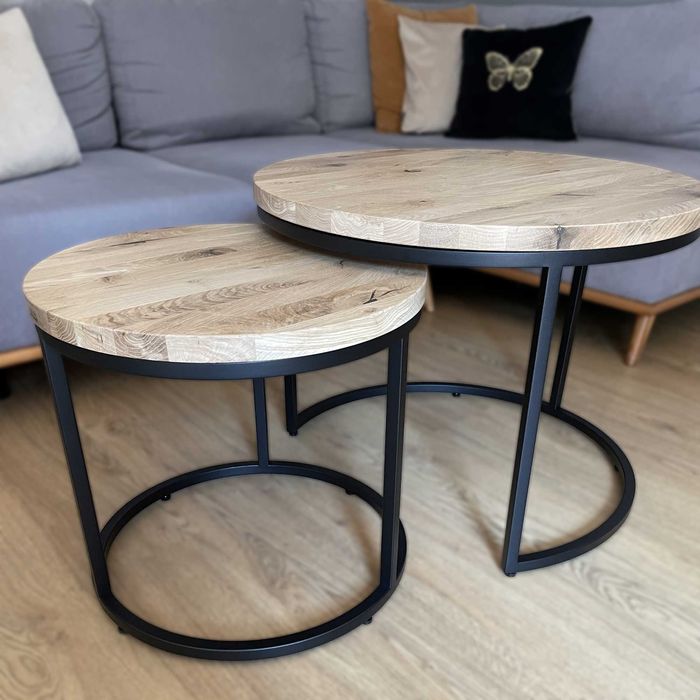 Zestaw Stolik Kawowy Okrągły Ława 2w1 Loft Dąb 50/70 drewno naturalne