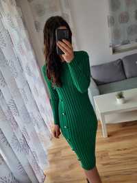 Zielona sweterkowa sukienka na długi rękaw z guzikami r. M