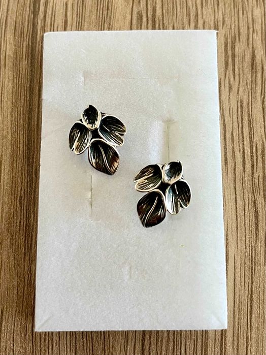 Kolczyki liść liście kwiat 3d geometryczne srebro oksydowane pr925