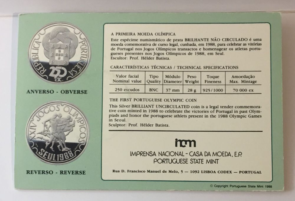 250 escudos Jogos Olímpicos SEUL 1988 - prata BNC