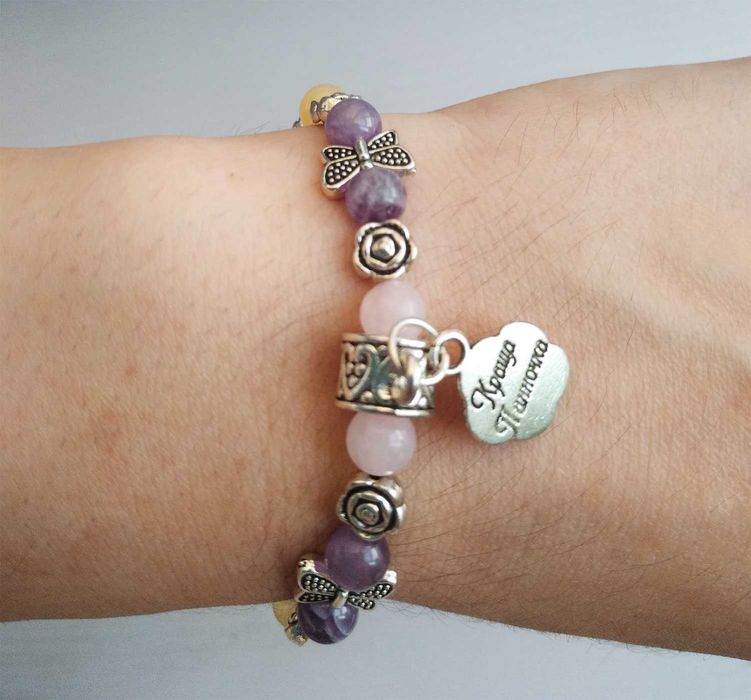 Продається браслет з натуральним цитрином, аметистом, рожевим кварцем
