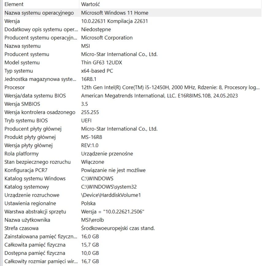 Laptop gamingowy MSI do gier Intel i5, 16gb RAM, 6gb VRAM, Win 11