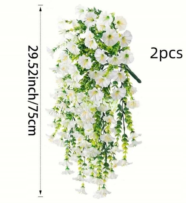2 SZT 75cm Sztuczne Kwiaty Girlanda Bluszcz Wiszące PETUNIA BIAŁE h213