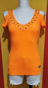 Bluzka bluzeczka neon pomarańcz cekinami gołe ramiona