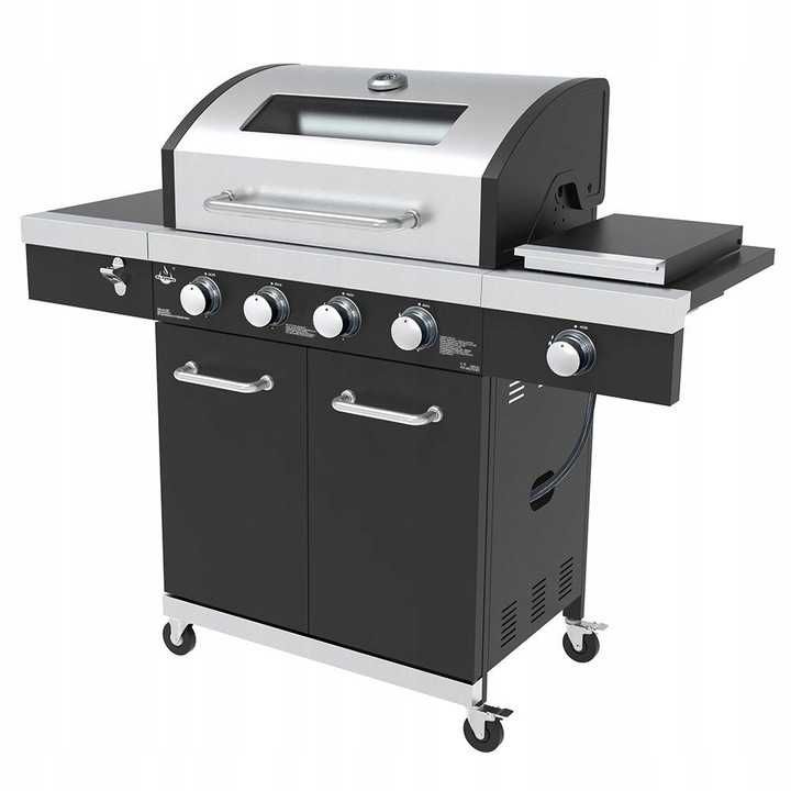 SOLIDNY Grill Gazowy 4+1 Żeliwny Ruszt + LED + POKROWIEC+ SZYBA 42KG %