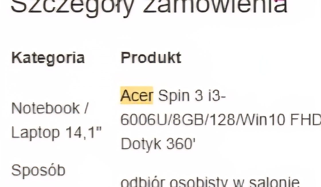 Acer spin 3. Zbity ekran. i3 6006U, 8GB, Win10, ssd 128gb.
