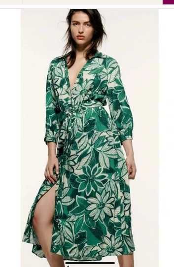 Vestido midi floral com cinto verde/branco da Zara T: M
