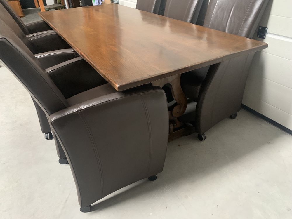 Piękny komplet stół drewniany 215cm+6 skórzanych foteli