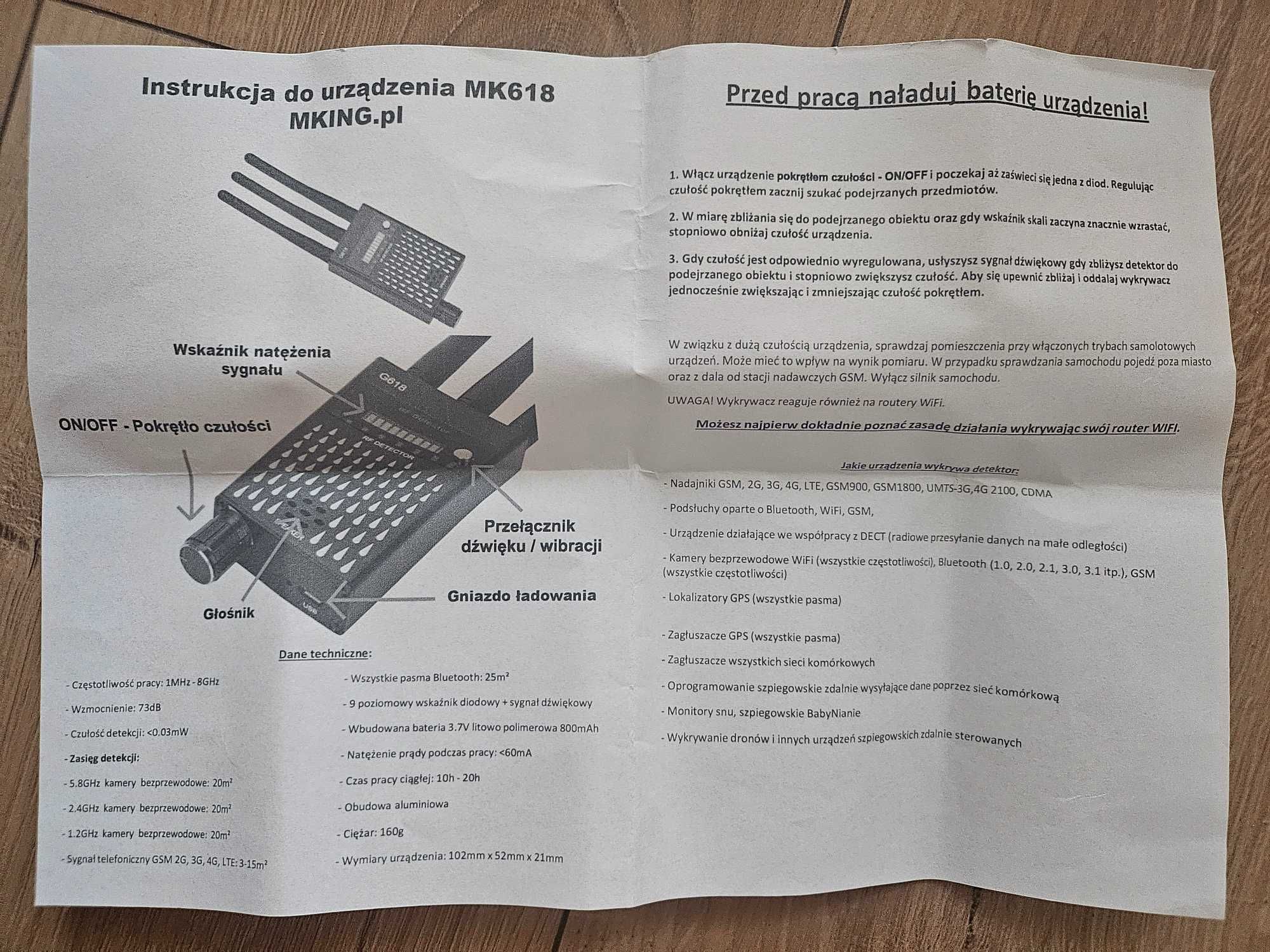 Wykrywacz lokalizatorów GPS kamer, pluskiew MK618,  detektor