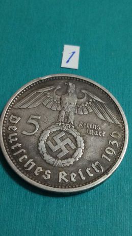 5 марок. 1936-1939 г. Третий рейх. Серебро. Оригинал. Свастика