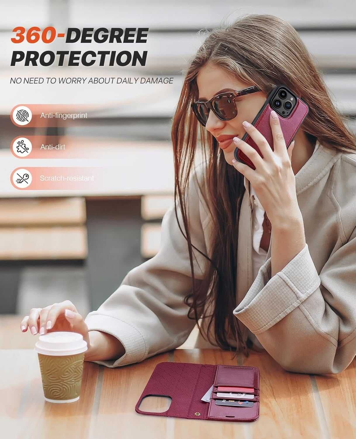 Ocase iPhone 15 Pro etui skórzane stojak magsafe bordowe portfel 2w1