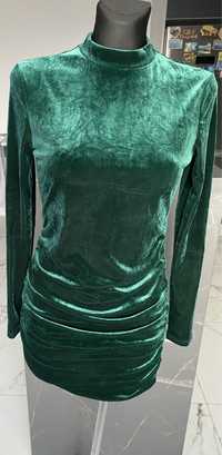 Sukienka welurowa M z marszczeniami butelkowa zielen nowa