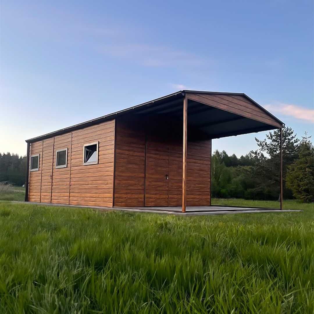 Domek ogrodowy 4x6m + wiatka Okno Rynna Drzwi- złoty dąb jasny