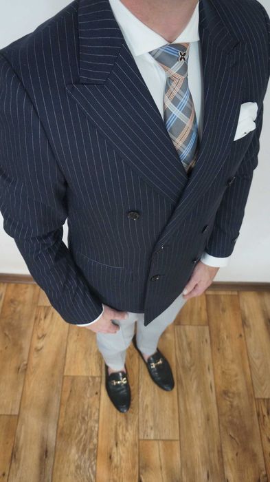 Marynarka dwurzędowa Gianni Feuraud Rozmiar 48 Kolor granatowy Prążki