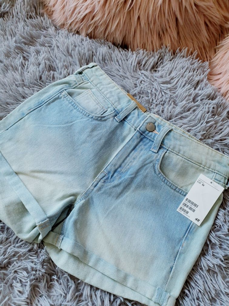 XXS spodenki szorty jeans H&M wysoki stan jasne błękitne niebieskie