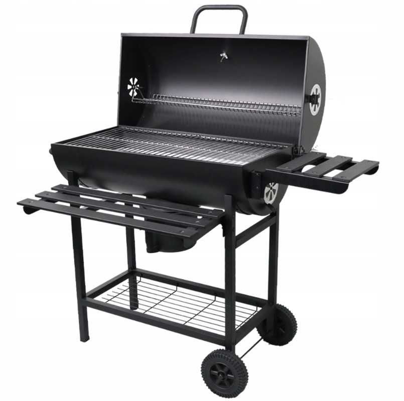 Grill Węglowy BLACK XL – Beczka z Półkami, Termometrem i Matą