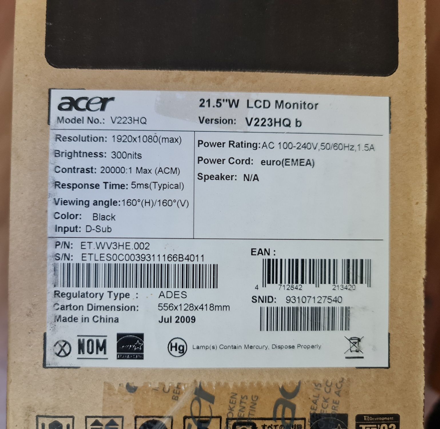 Монітор Acer 21.5" LCD, V223HQ, fullHD, 1920/1080