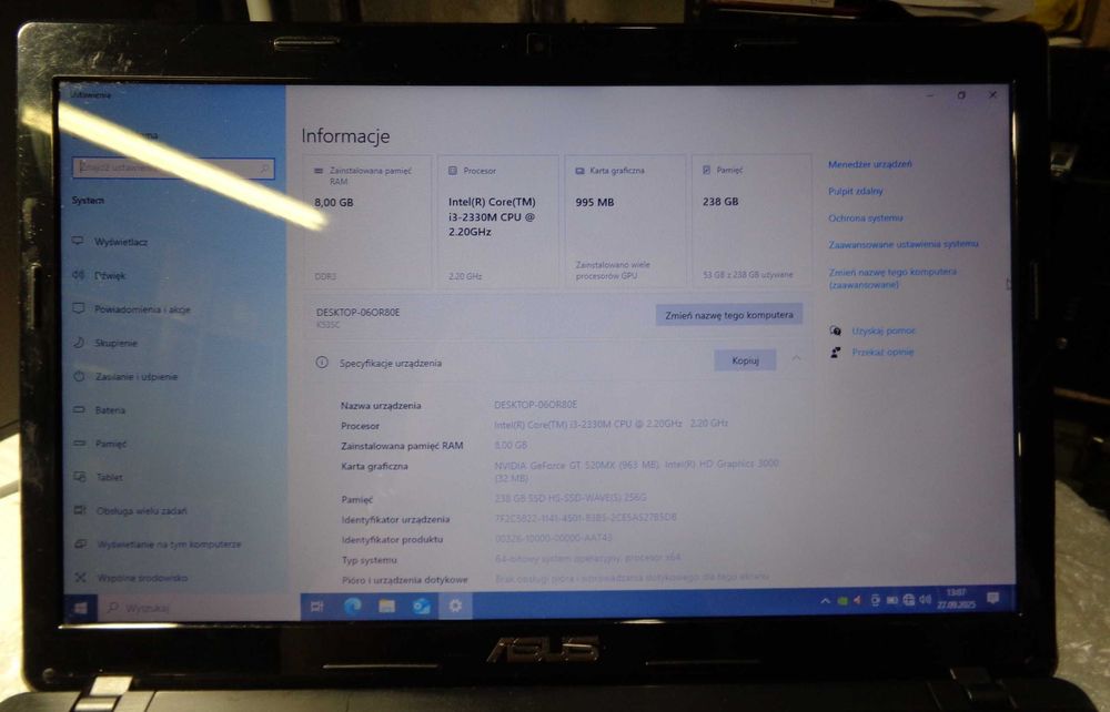 Tani laptop do codziennego użytku – ASUS X53S z Windows 10, SSD 256GB