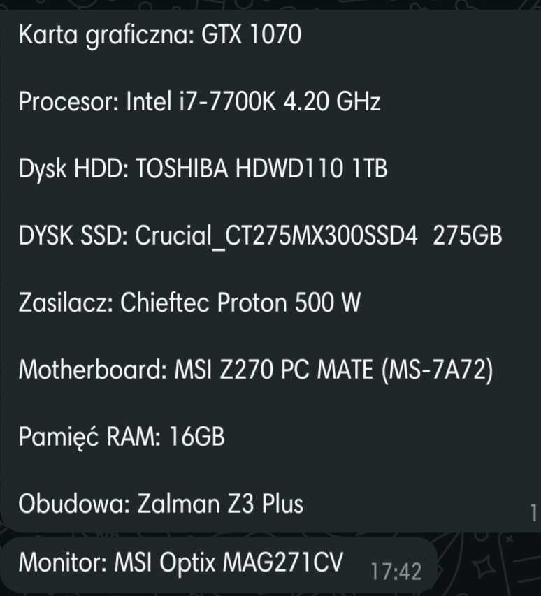 Komputer Gamingowy Super +++ Intel i7 7700K 4.2GHz Super sprzęt