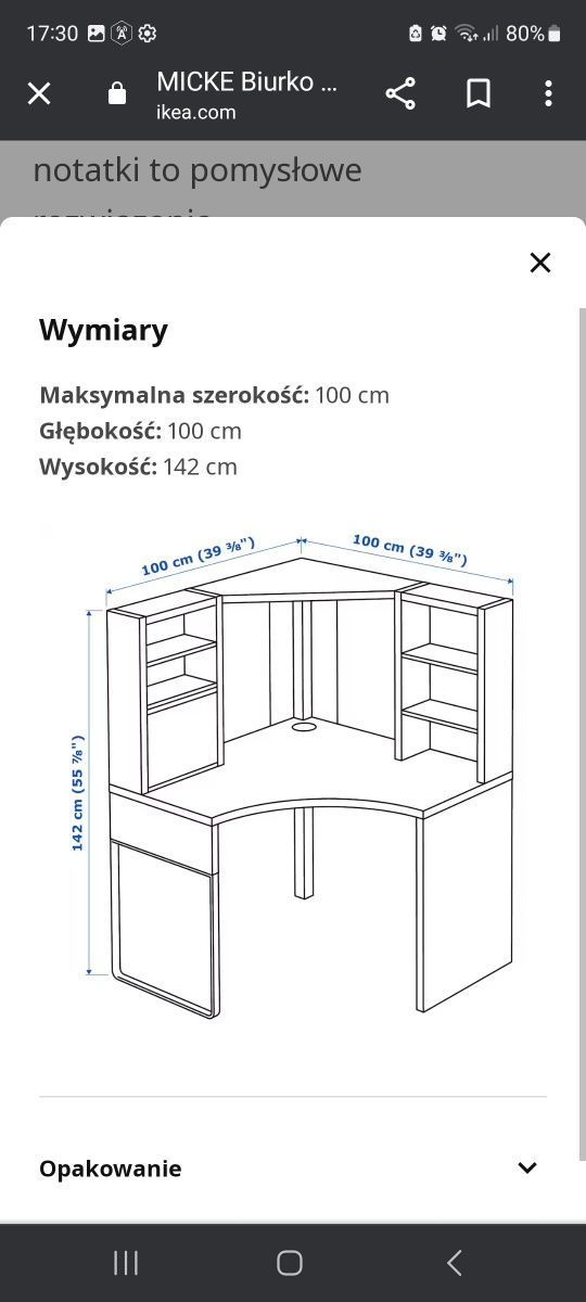 Biurko narożne MICKE  białe Ikea 100x142 cm nowe