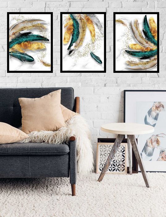 3x 30x40 A3 ZESTAW OBRAZ W RAMIE PLAKATY RAMKA boho pióra glamour