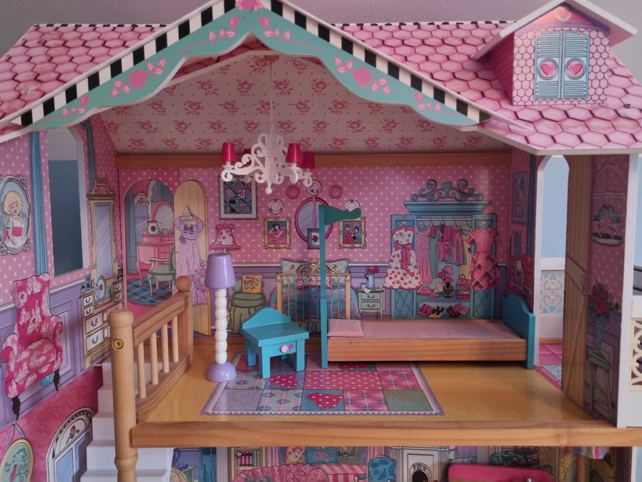 XXL Drewniany domek dla lalek - 123 cm - taras, akcesoria, winda
