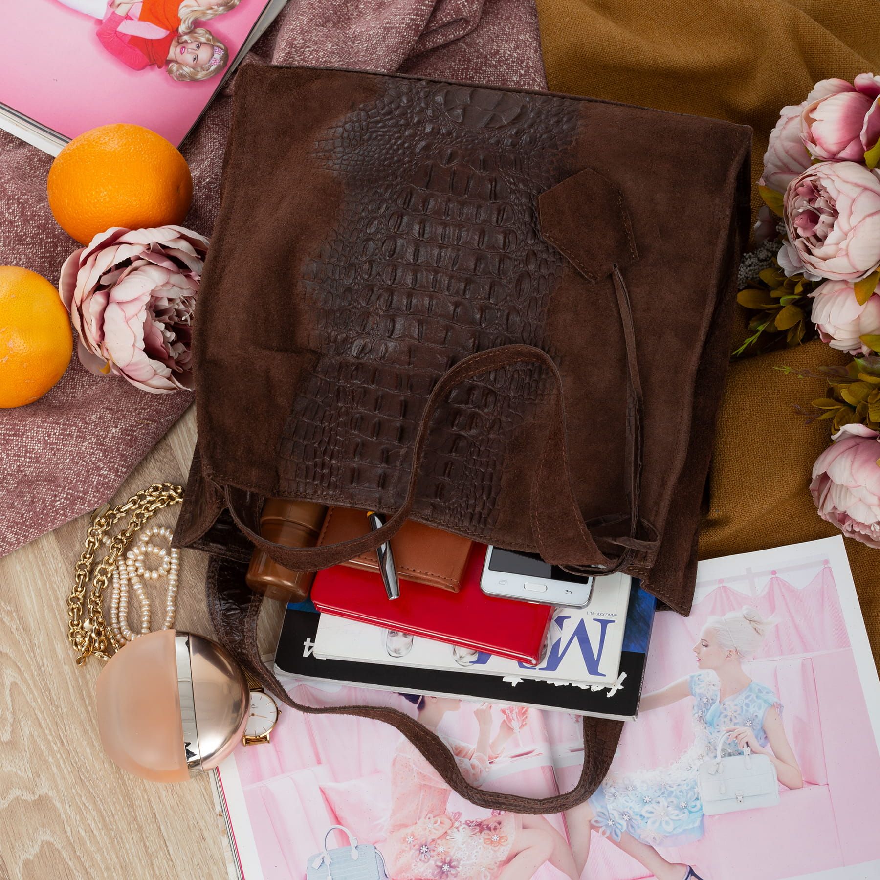 VERA PELLE torebka zamszowa shopper kroko na ramię V549 c.brązowa