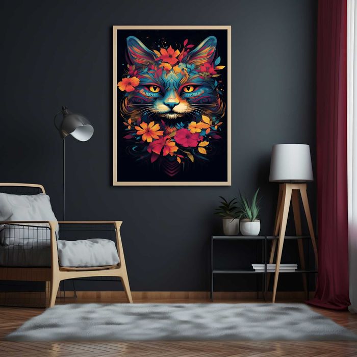 Plakat na Ścianę Obraz Kwiecisty Kot Sztuka Kolory 40x60 cm Premium