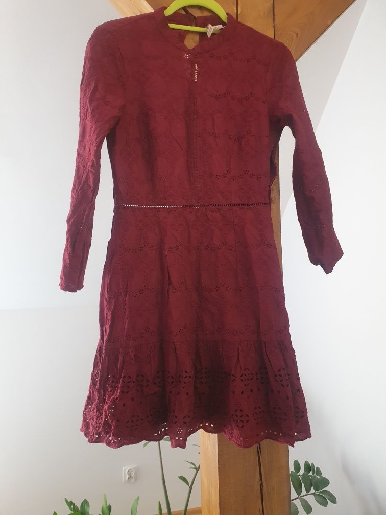 Sukienka H&M 36 bawełna ażurowa wyszywana bordo