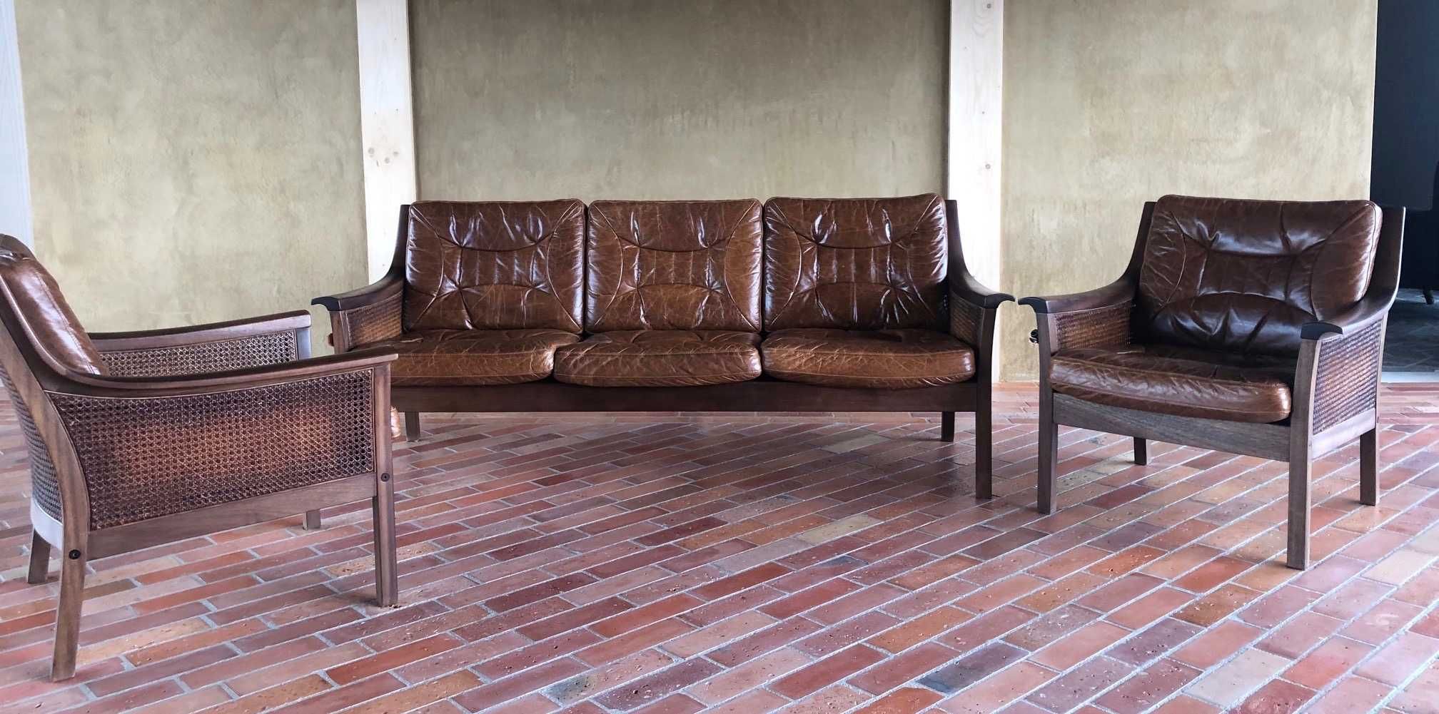 Sofa norweska, skandynawski design z lat 60 + dwa fotele, skóra
