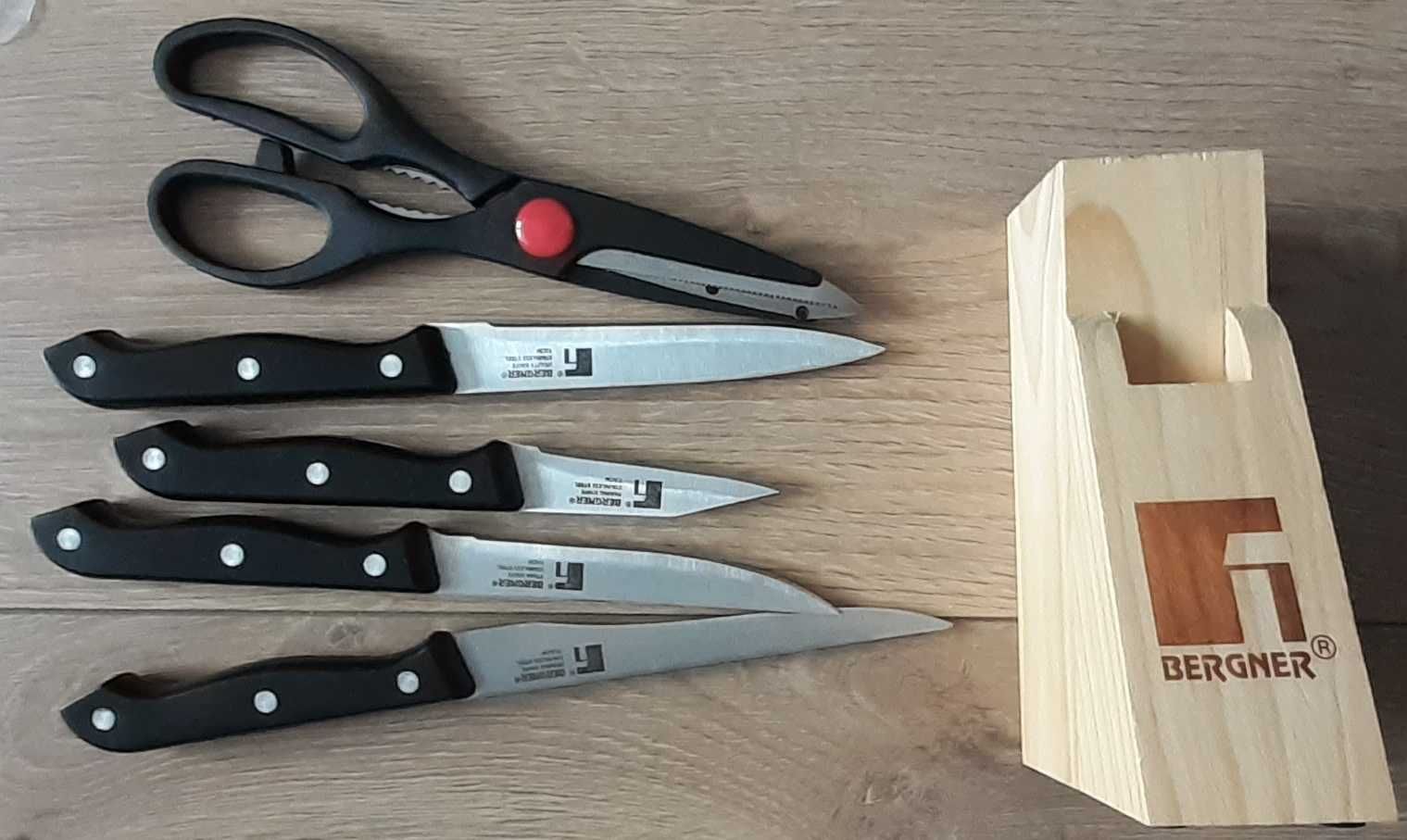 Zestaw noży kuchennych Bergmer z nożyczkami kuchennymi oraz stojakiem