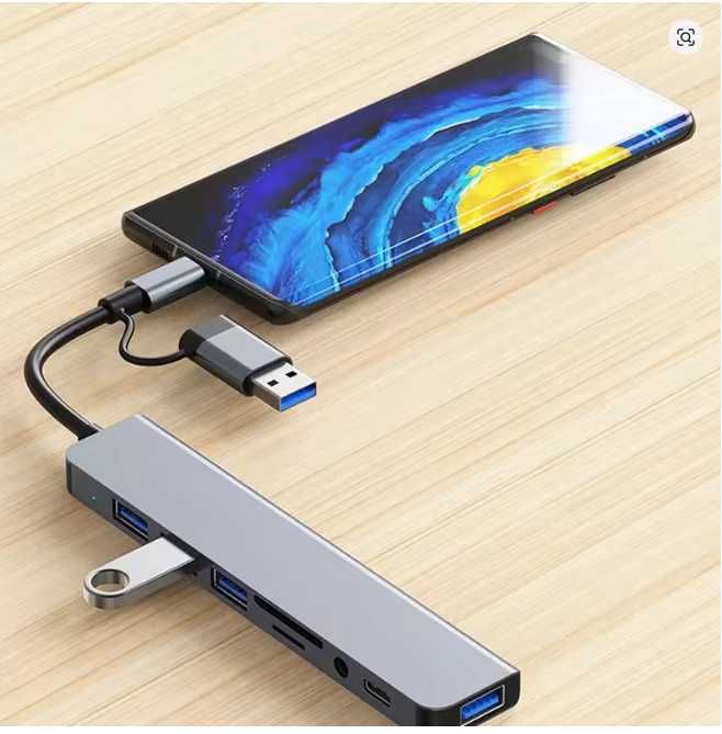 Докстанция 8 в 2 USB Type C HUB  с 3,5 мм ауд. SD Micro SD Cart Reader