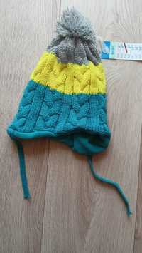 czapka turkusowo żółta rozmiar 98 na zimę wiązana nowa