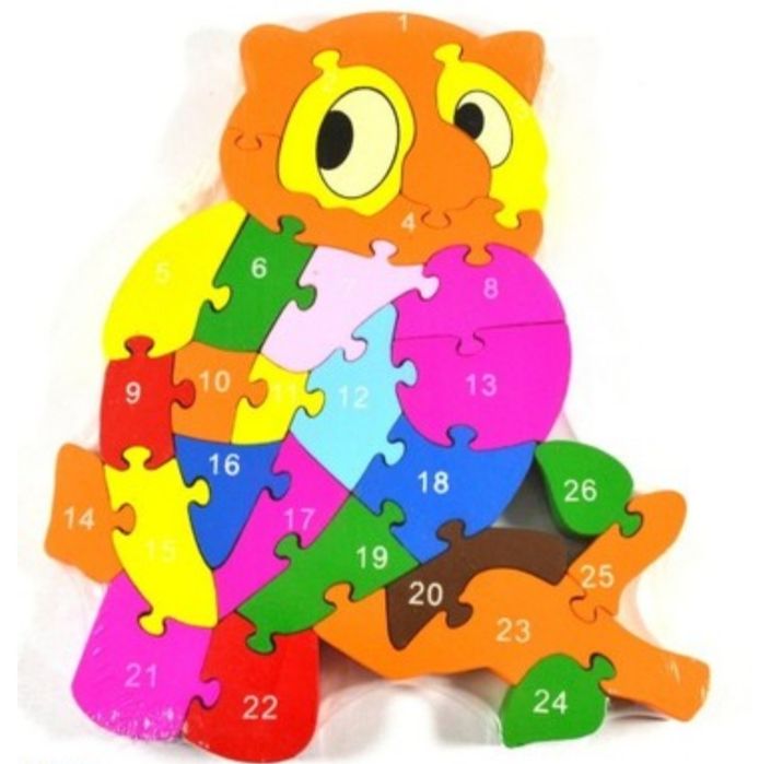 Drewniane puzzle edukacyjne – cyferki i literki sowa