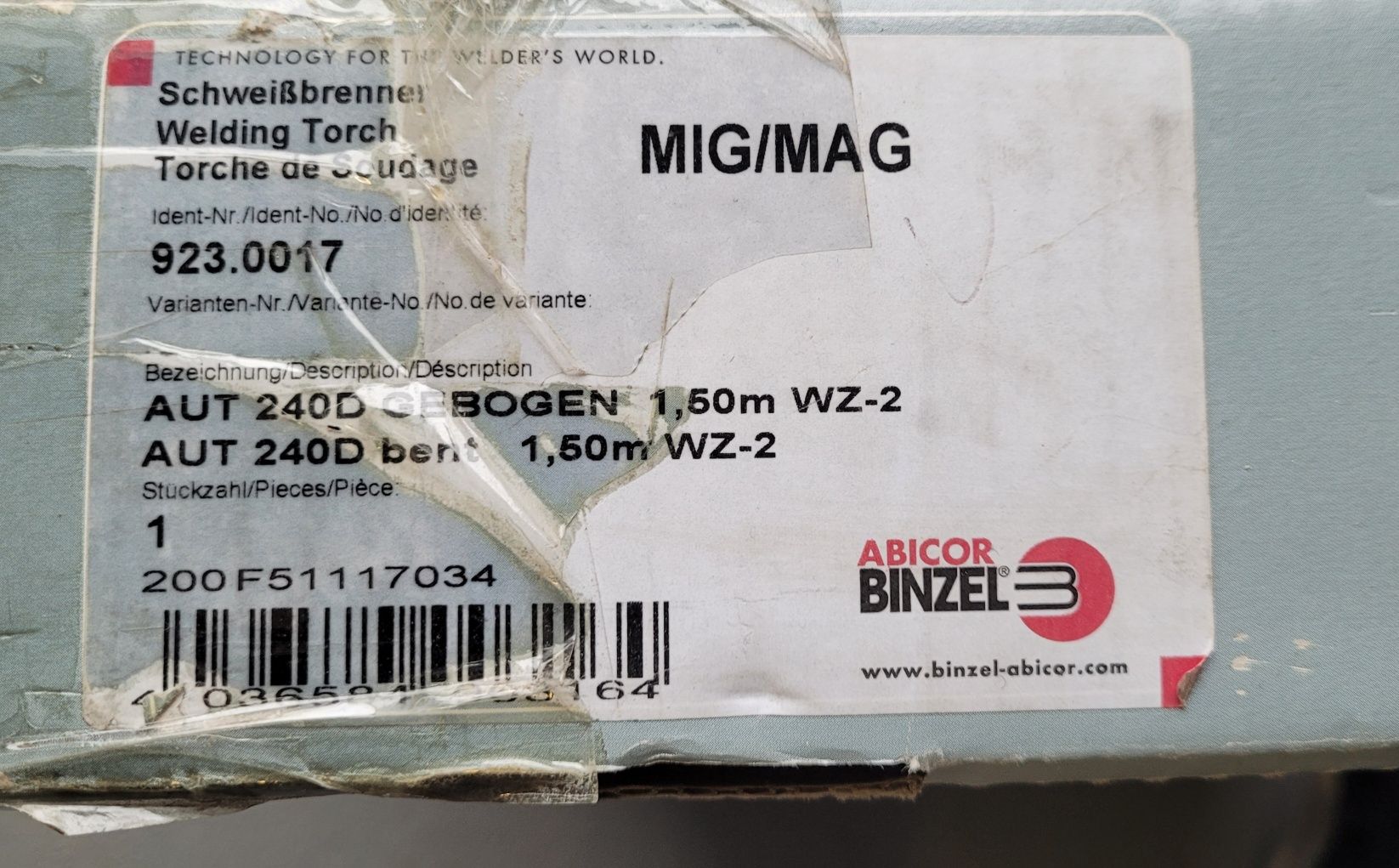 Uchwyt spawalniczy MIG/MAG ABICOR BINZEL AUT240D Gebogen 1,50m WZ-2