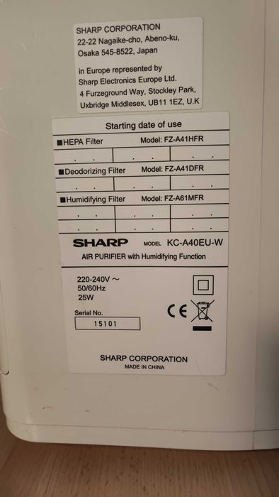 Oczyszczacz powietrza Sharp KC-A40EU-W Jonizacja Nawilżanie powietrza