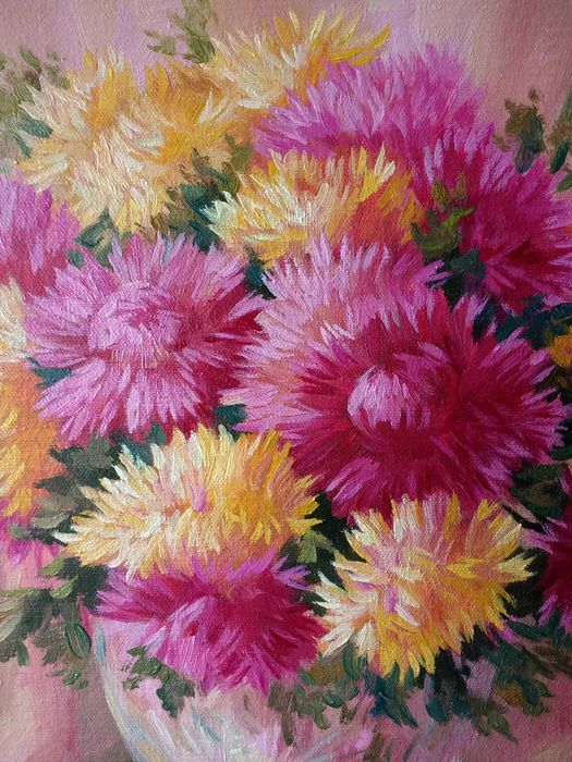 "Астры в хрустальной вазе",картина маслом