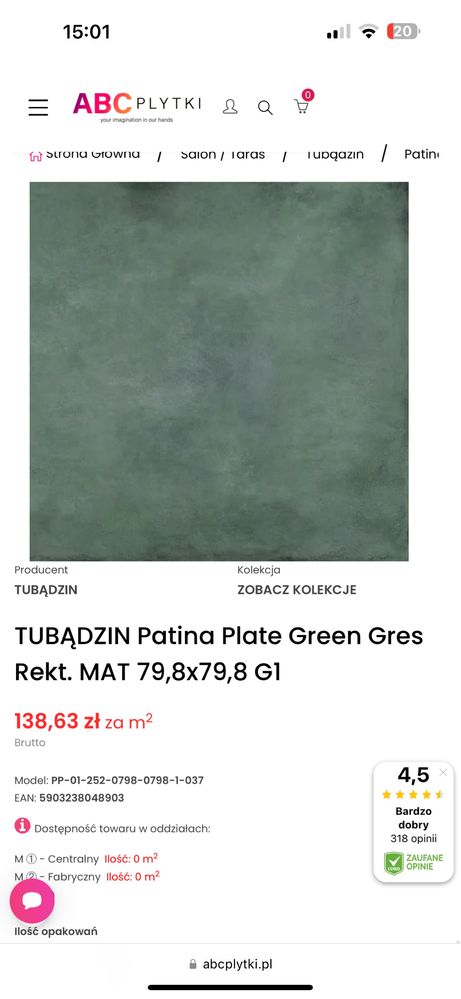 Tubądzin Patina plate green mat 80x80 10sztuk