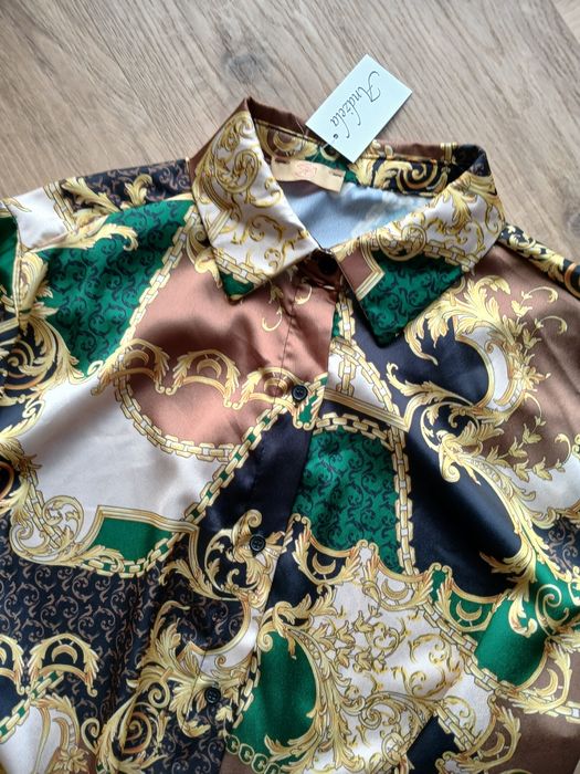 Satynowa krótka sukienka we wzory oversize elegancka lejąca się M 38