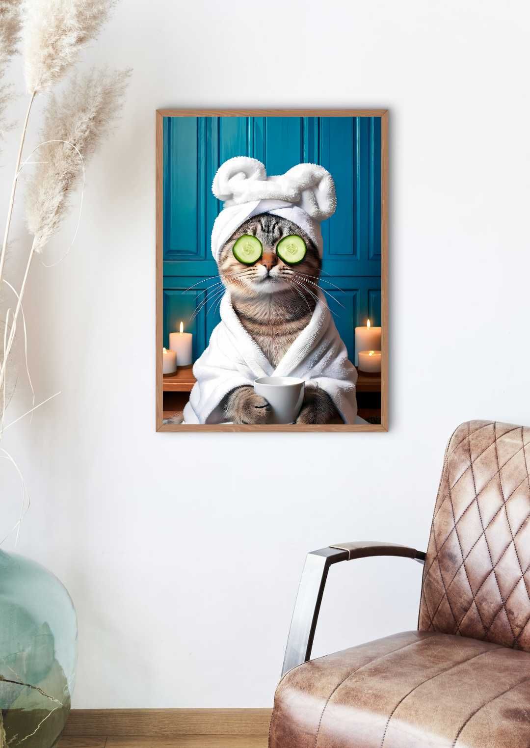Plakat Kot w szlafroku z ogórkami na oczach 30x40cm